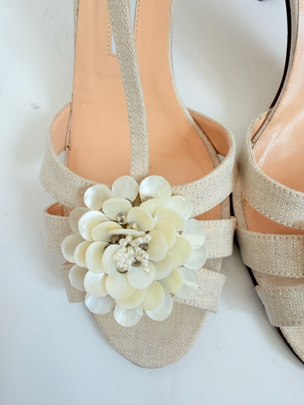 Manolo Blahnik “Cointreau” Archival Linen Mother-of-Pearl Floral  Sandals 39.5 - Picture 6 of 12